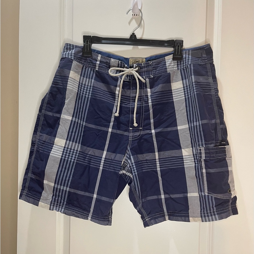 J. Crew Blue and White Board Shorts with Plaid Design Size 36